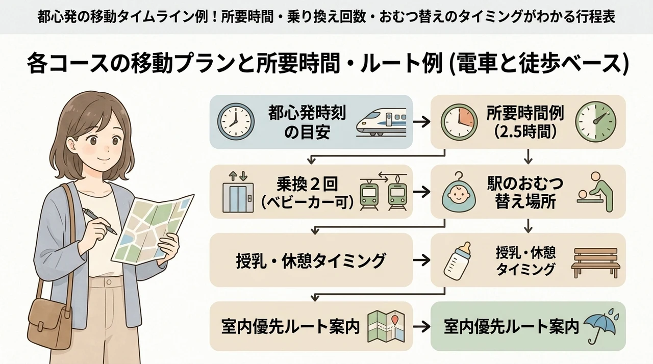 各コースの移動プランと所要時間・ルート例（電車と徒歩ベース）